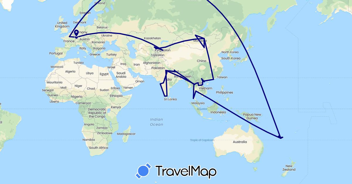 TravelMap itinerary: driving in China, France, India, Kazakhstan, Laos, Mongolia, Nepal, Thailand, Vietnam (Asia, Europe)
